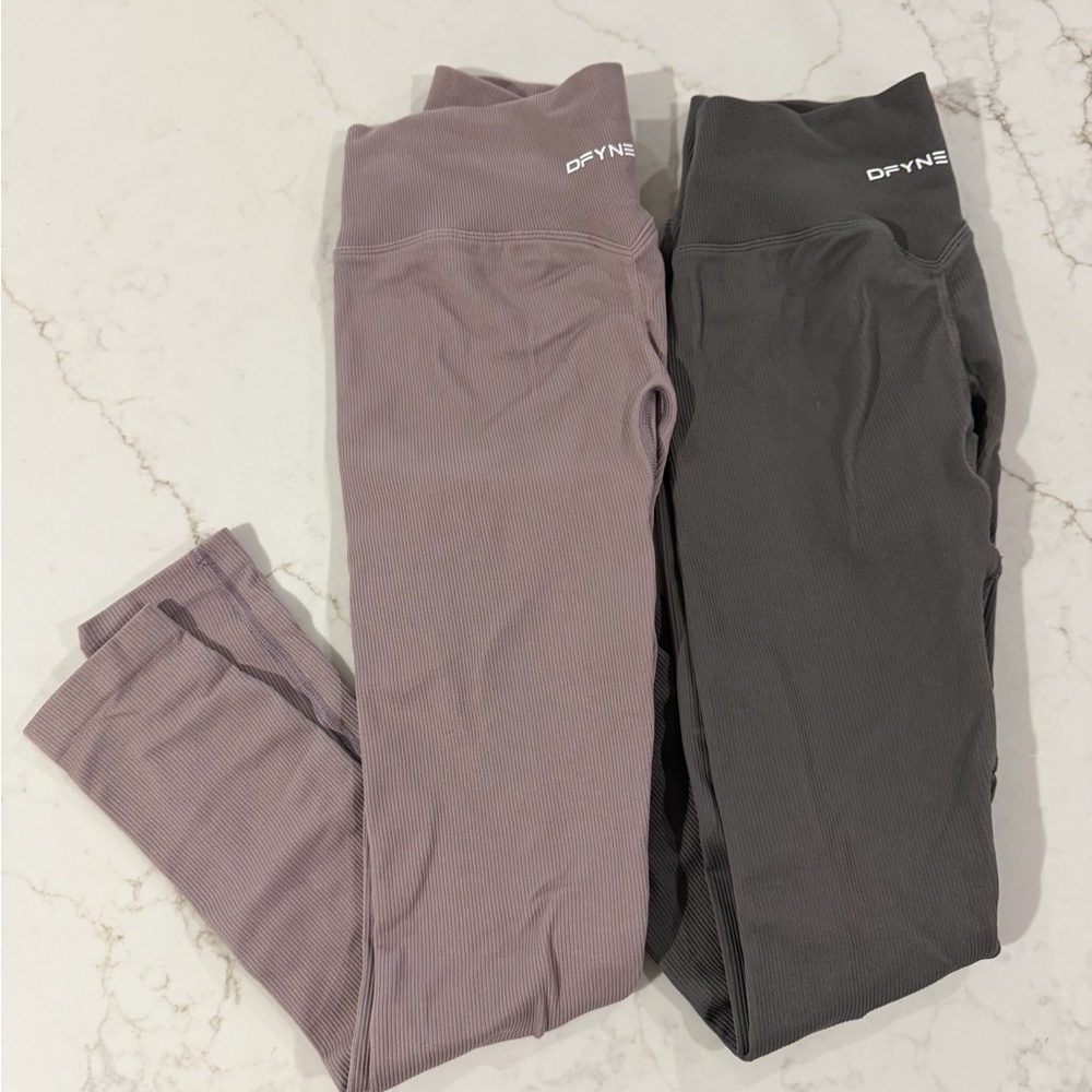 DFYNE Women’s Ribbed High-Waist Leggings - Mauve and Charcoal